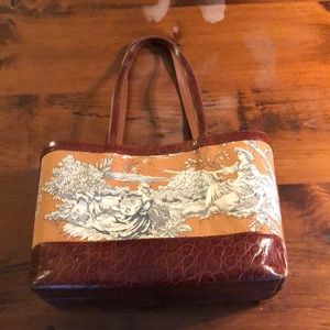 Toile bag with brown alligator trim